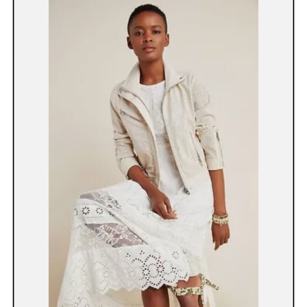 BLANK NYC Anthropologie Cream Laser Cut Faux Leather Boho Moto Bikercore Jacket - Picture 2 of 11